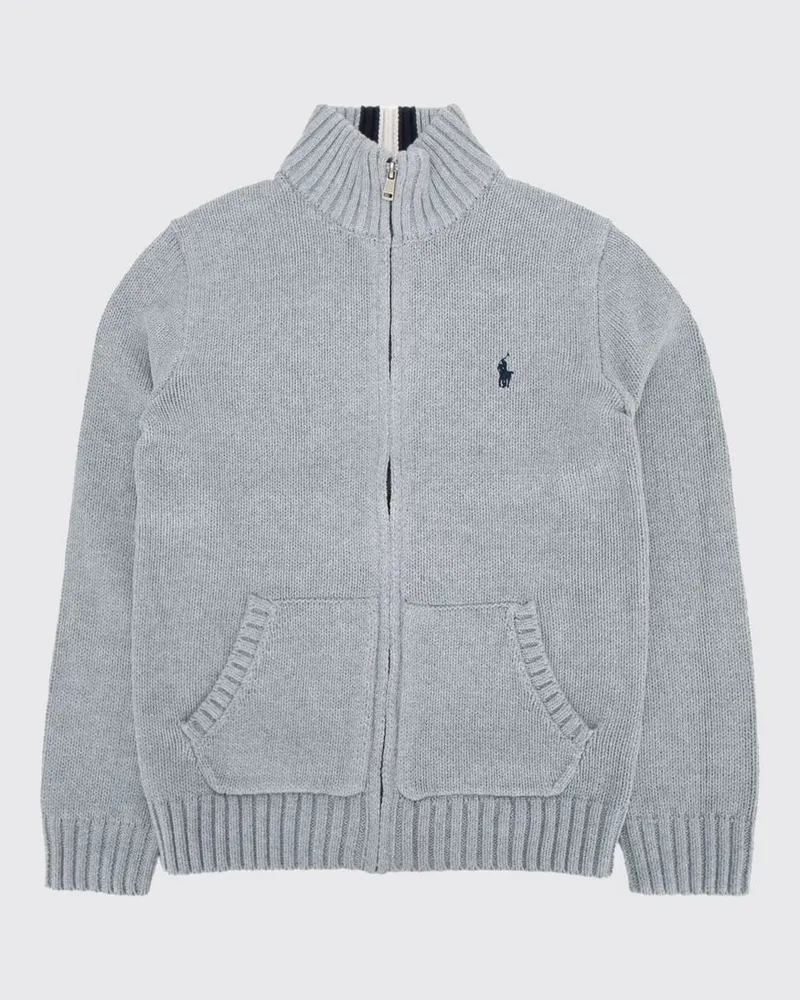 Ralph Lauren Strickjacke von für Jungen aus Baumwolle mit Reißverschluss, Stehkragen und gesticktem Pony-Logo Grau