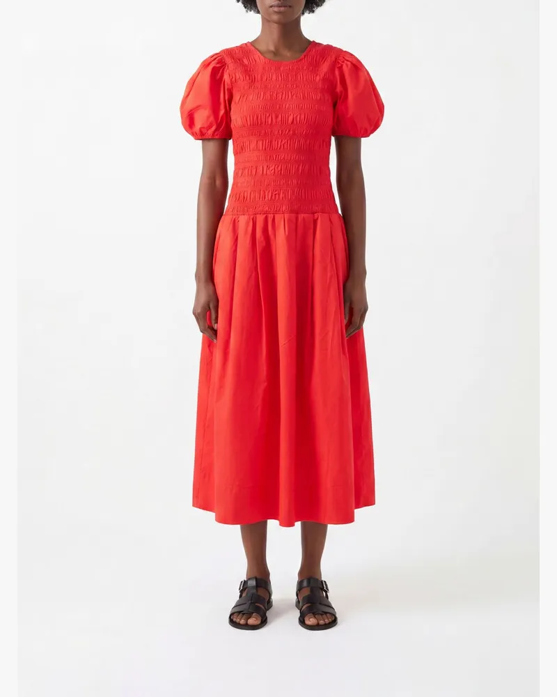 Ganni Midi-Kleid von aus Bio-Baumwolle mit Puffärmeln Rot