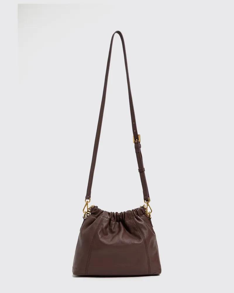 Twin-Set Beuteltasche aus Glattleder mit Henkel aus Metallic-Gewebe Kaffee