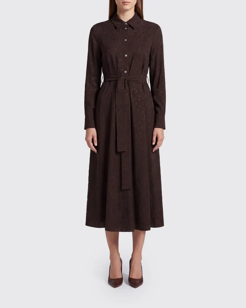 Pinko Geblümtes Midi-Hemdblusenkleid aus Viskose mit Bindegürtel Braun
