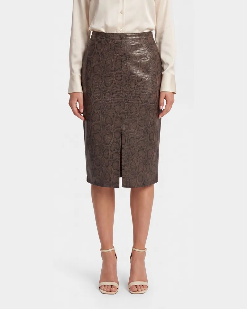 Twin-Set Slim-Fit Midi-Bleistiftrock aus Kunstleder mit Python-Print Braun