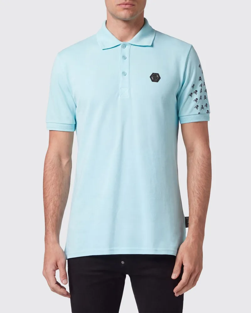 Philipp Plein Baumwoll-Polohemd mit Skull-Monogramm-Print und Hexagon-Logo Türkis