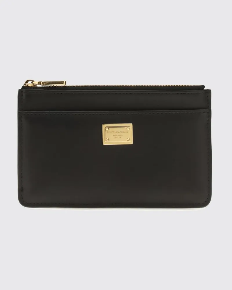 Dolce & Gabbana DOLCE  GABBANA Dolce & Gabbana Kartenetui aus Glattleder mit metallischem Logo und Reißverschlusstasche Schwarz