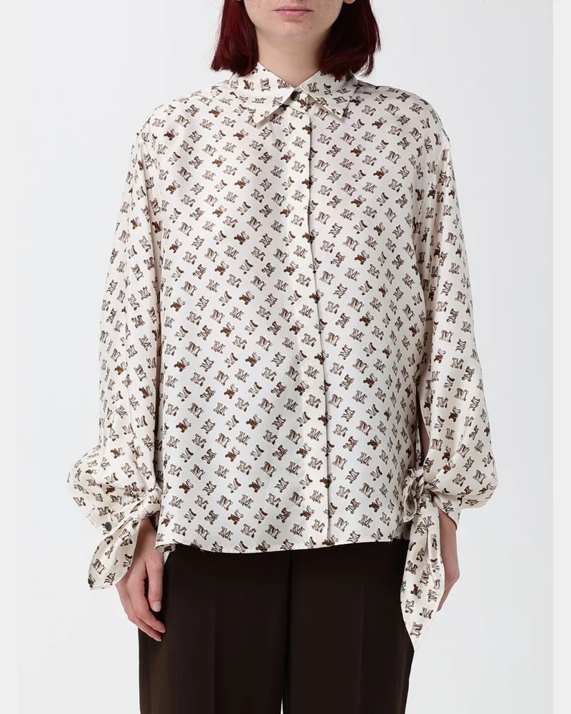 Max Mara Seidenhemd mit Monogramm-Print, französischem Kragen und verdeckter Knopfleiste Weiß