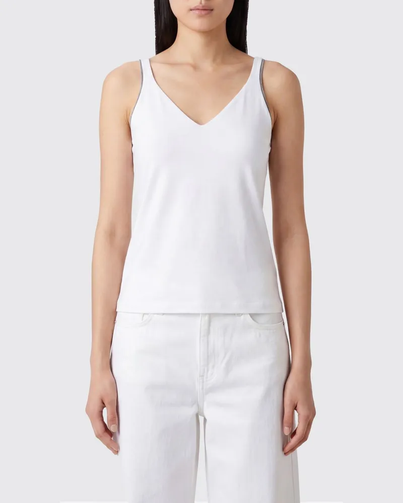 Brunello Cucinelli Slim-Fit-Top aus Baumwolle mit V-Ausschnitt und Monili-Detail Weiß