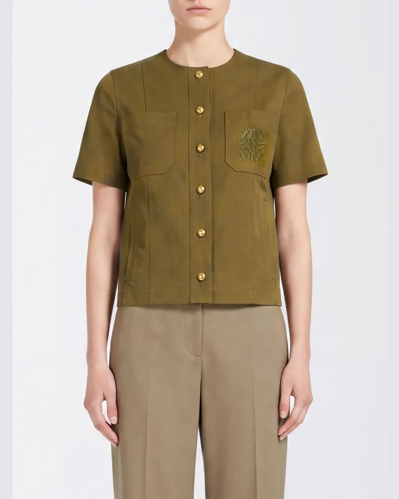 Max Mara Kurzärmeliges Top aus Stretch-Baumwolle mit Tasche und gesticktem Logo Kaki