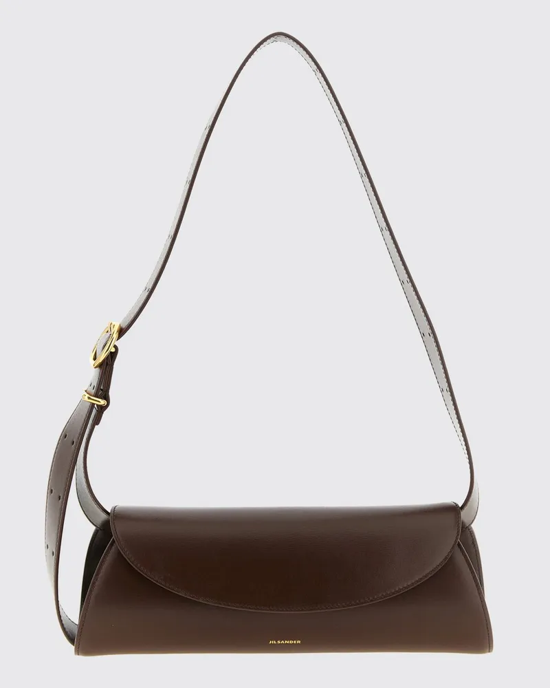 Jil Sander Kleine Cannolo Schultertasche aus glattem Kalbsleder Braun