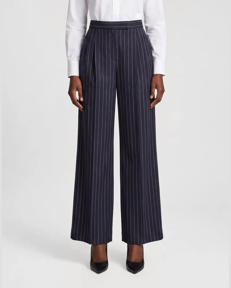 Max Mara Weit geschnittene Nadelstreifenhose mit hohem Bund aus Wollmischung Navy