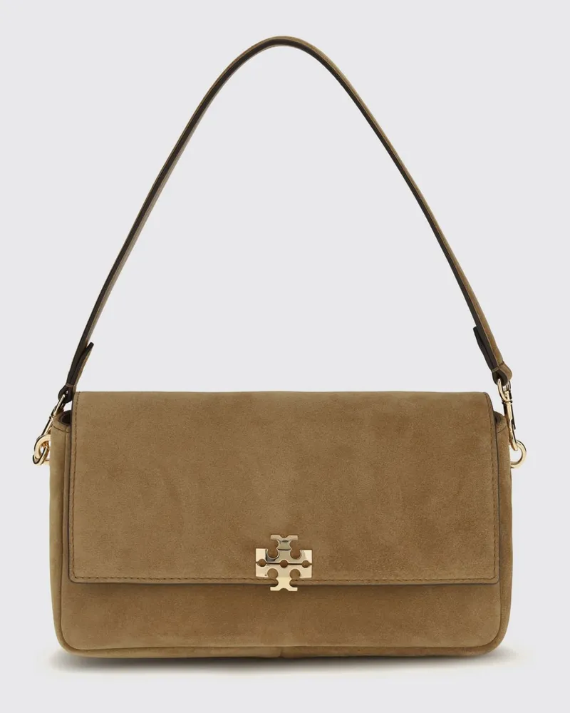 Tory Burch Charlie Mini-Schultertasche aus Veloursleder mit Double T-Logo Braun