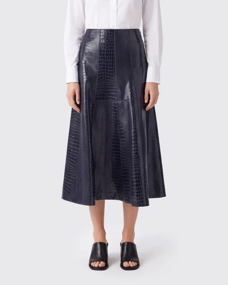 Pinko Ausgestellter Midi-Rock mit hoher Taille und Python-Print aus Kunstleder Blau