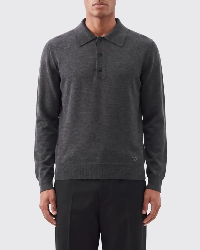 Valentino Garavani Langärmeliges Strick-Poloshirt aus reiner Schurwolle Charcoal