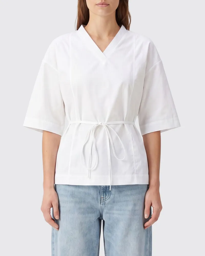 Calvin Klein Wickelbluse von aus Baumwollpopeline mit V-Ausschnitt Weiß