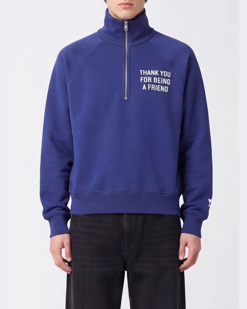 AMI Paris Baumwoll-Sweatshirt mit halbem Reißverschluss, Stehkragen und Slogan-Print Blau