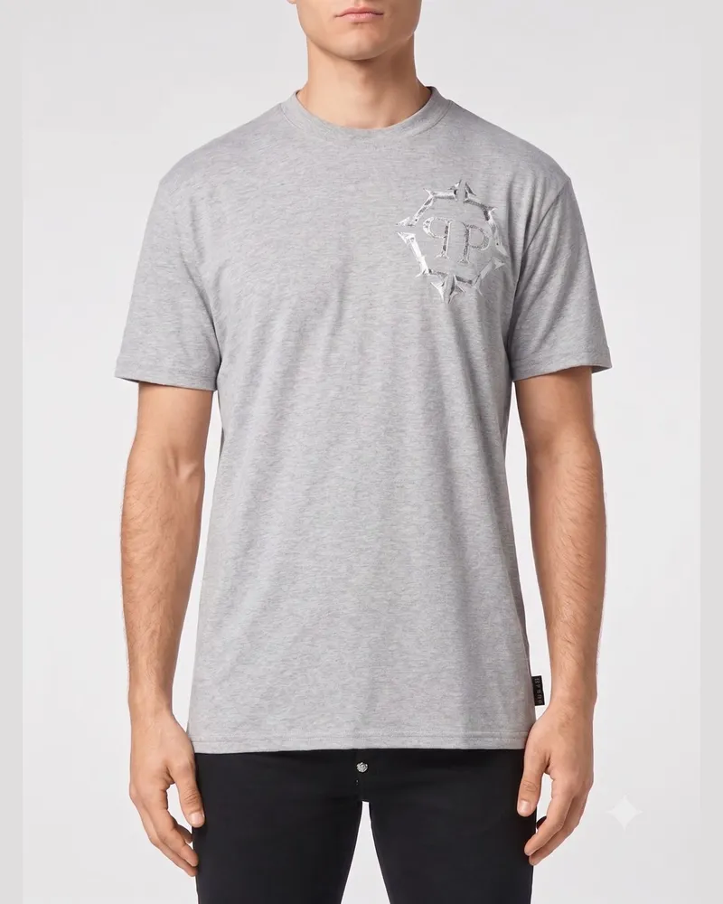 Philipp Plein Baumwoll-T-Shirt mit Monogramm-Print und Hexagon-Logo Grau