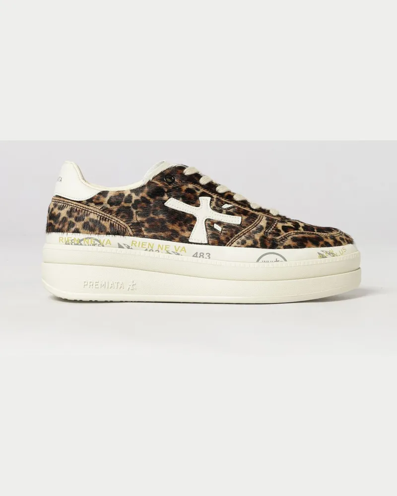 Premiata Micol Plateau-Sneaker aus Ponyfell mit Animal-Print und Logo Safari