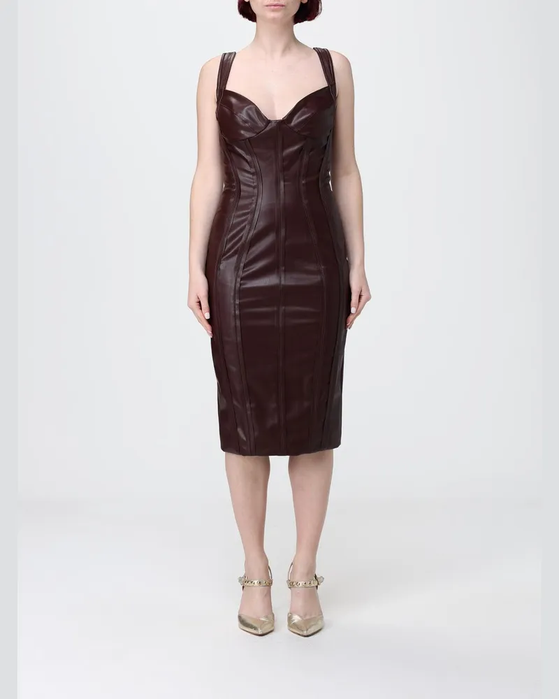 Elisabetta Franchi Glattes Kunstleder Midikleid Kakao