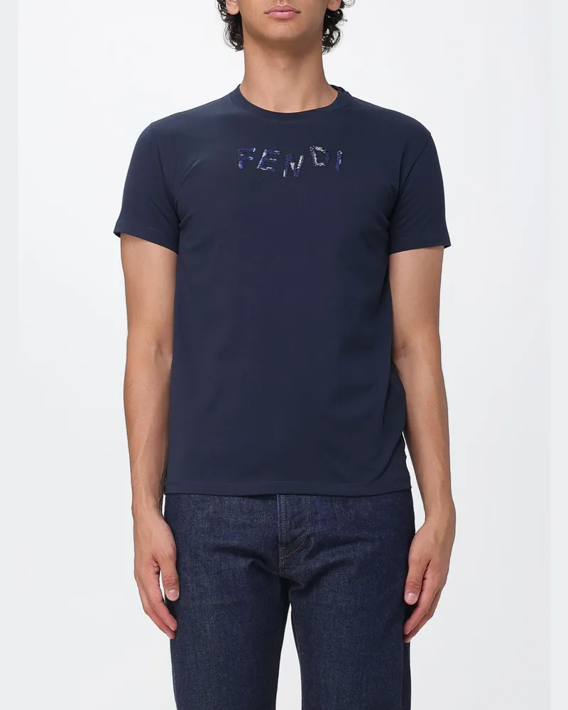 Fendi Slim Fit T-Shirt aus Baumwolle mit kontrastierendem gesticktem Logo Navy