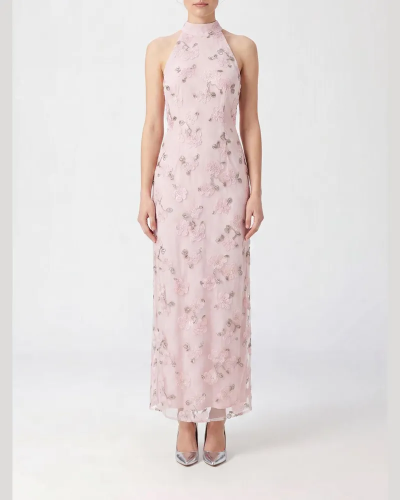 ROTATE Birger Christensen Langes Neckholder-Abendkleid aus Crêpe mit Perlenstickerei Pink