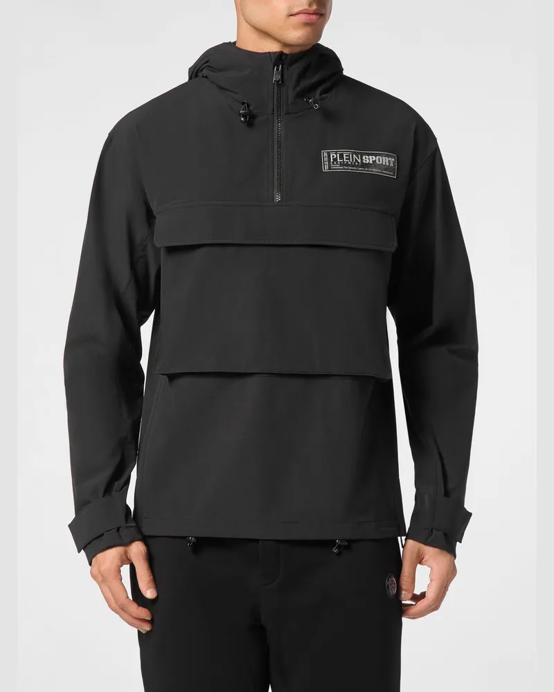 Philipp Plein Nylon-Anorak-Windjacke mit Kapuze und Pattentasche Schwarz