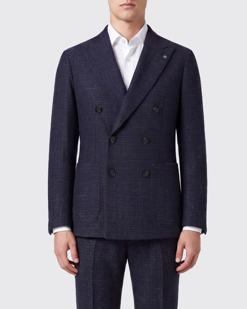 Tagliatore Zweireihiger Blazer aus blauer Schurwollmischung mit aufgesetzten Taschen Blau