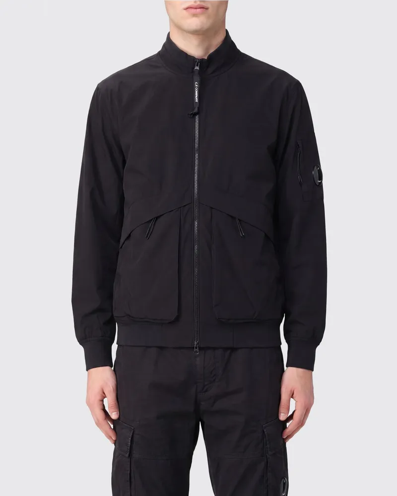 C.P. Company Bomberjacke aus schwarzem Polyester mit aufgesetztem Logo Schwarz