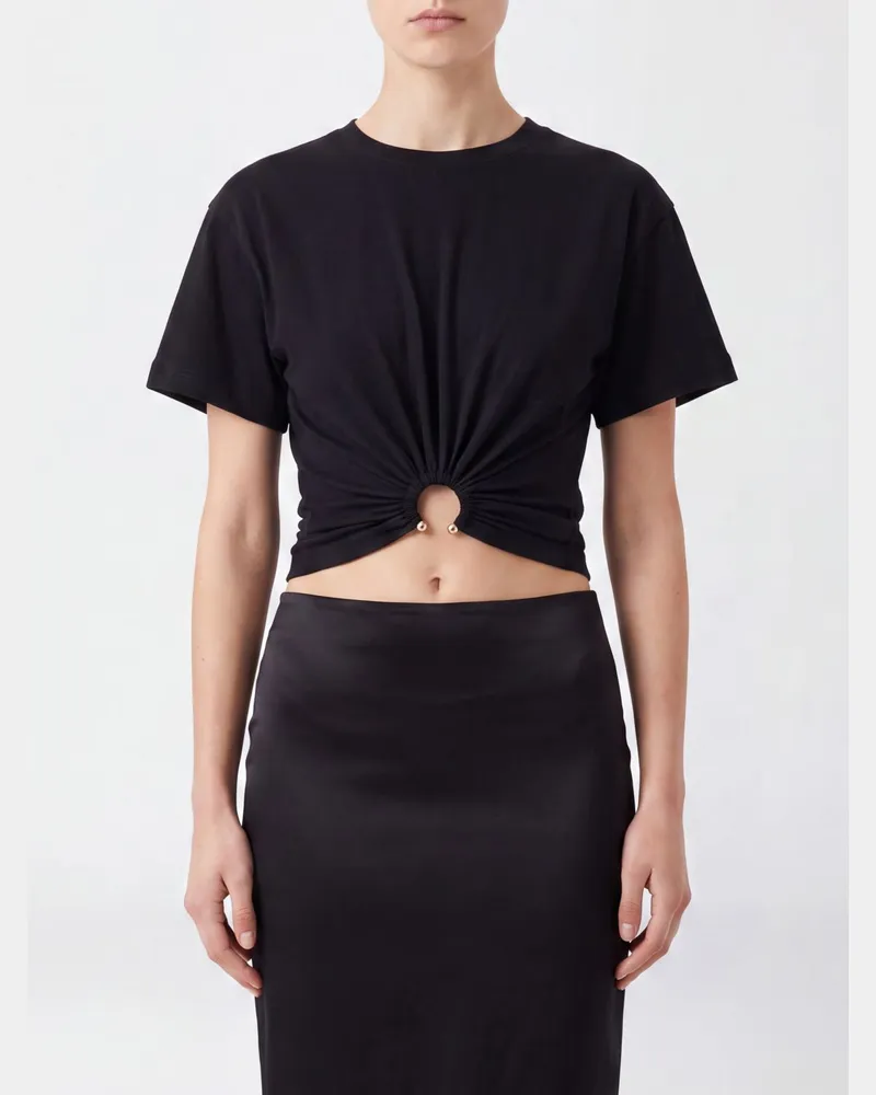 Paco Rabanne Gerafftes Cropped T-Shirt aus Baumwolle mit Ringdetail Schwarz