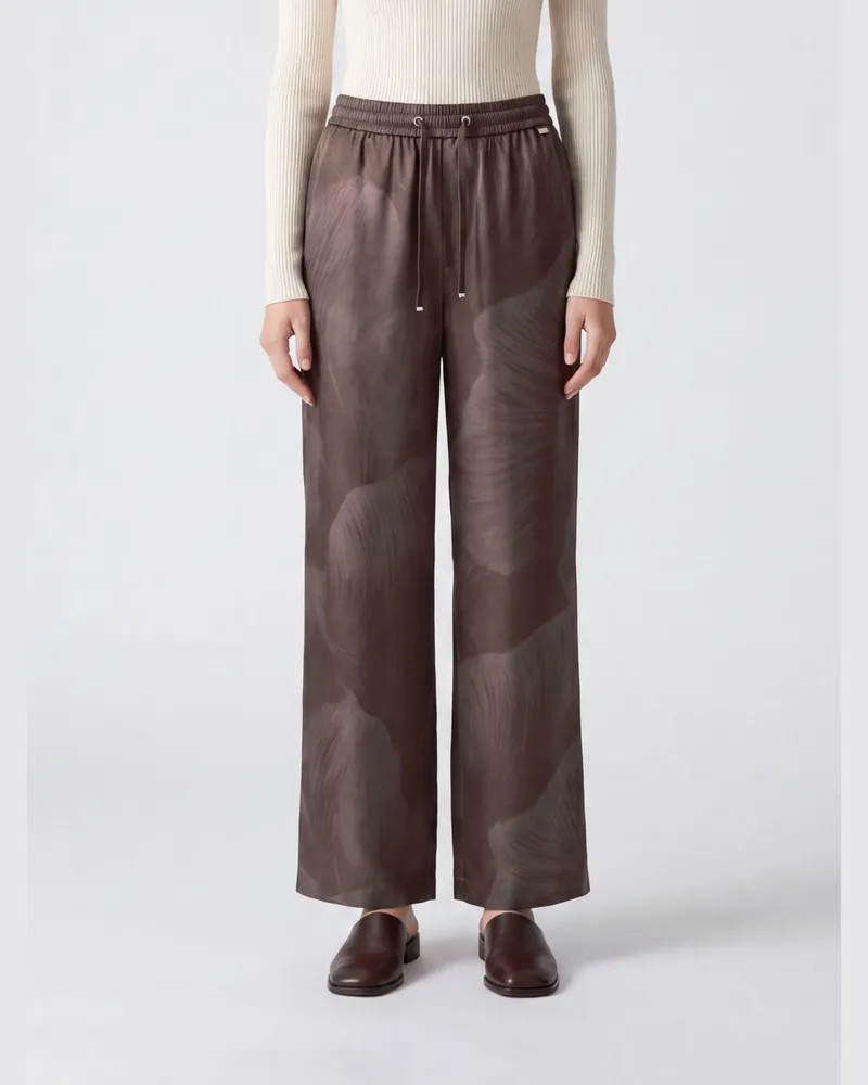 Herno Gerade Seidenhose mit Blumendruck und Kordelzug in der Taille Braun