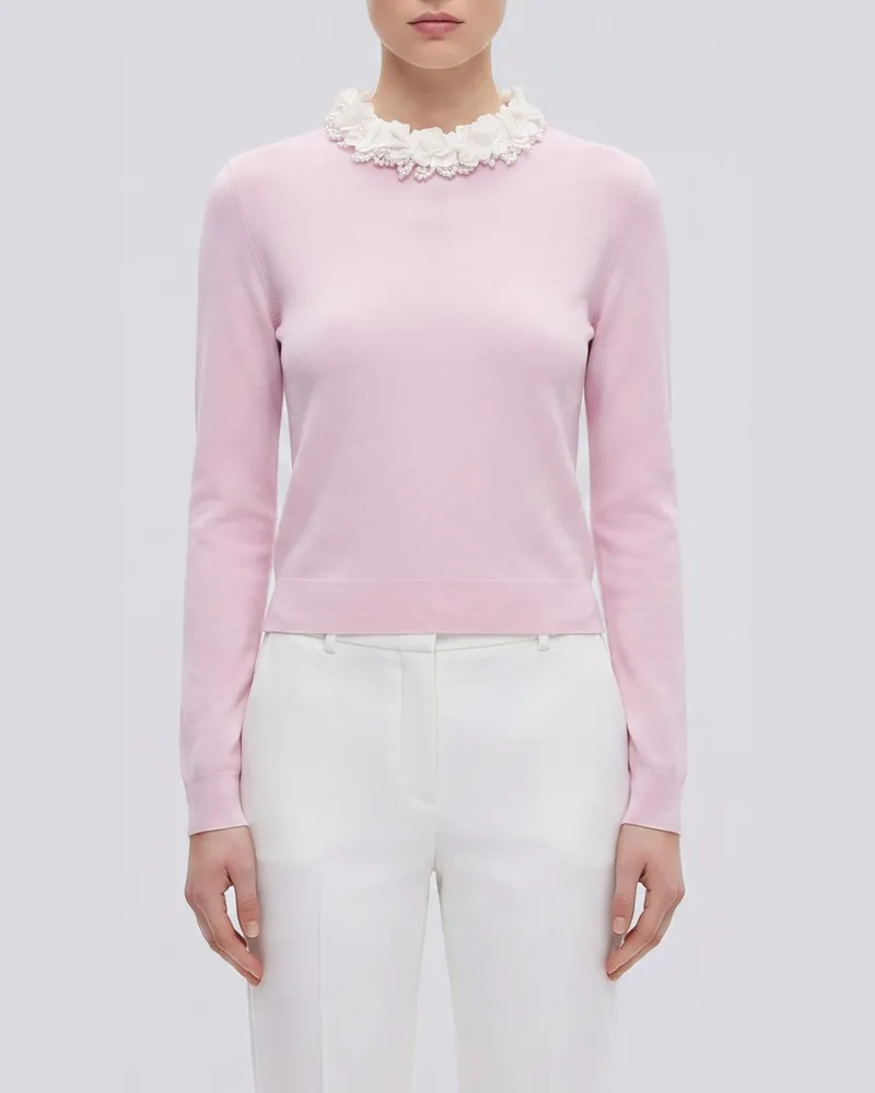Self-Portrait Schmal geschnittener, bestickter Wollpullover mit Rüschenkragen Pink