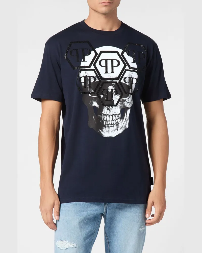 Philipp Plein Baumwoll-T-Shirt mit Skull-Print und Strass-Hexagon-Logo Blau