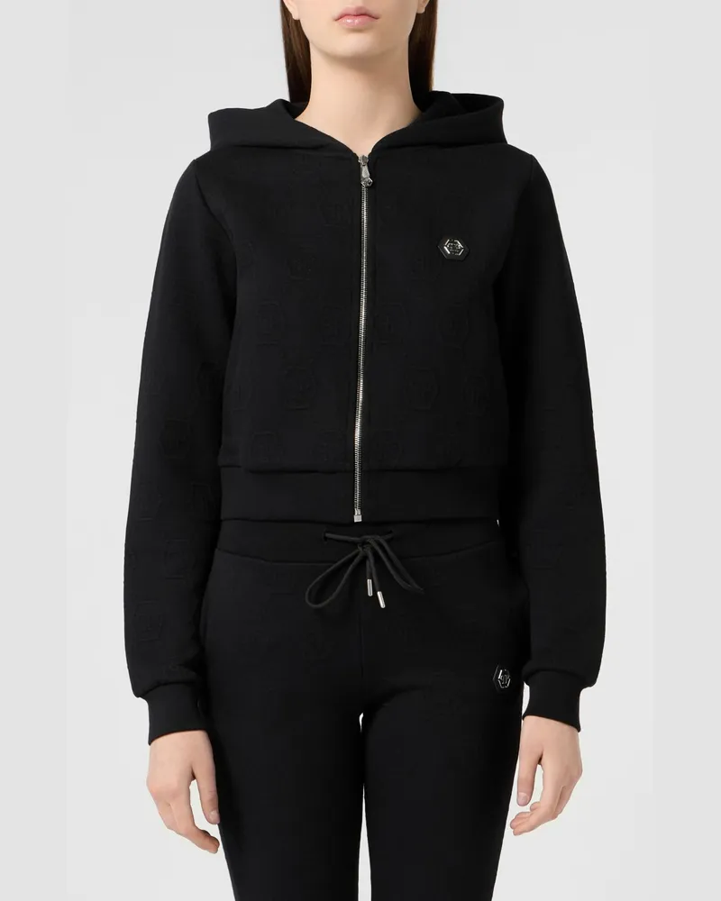 Philipp Plein Relaxed-Fit Hoodie von mit Reißverschluss und Kontrastlogo Schwarz
