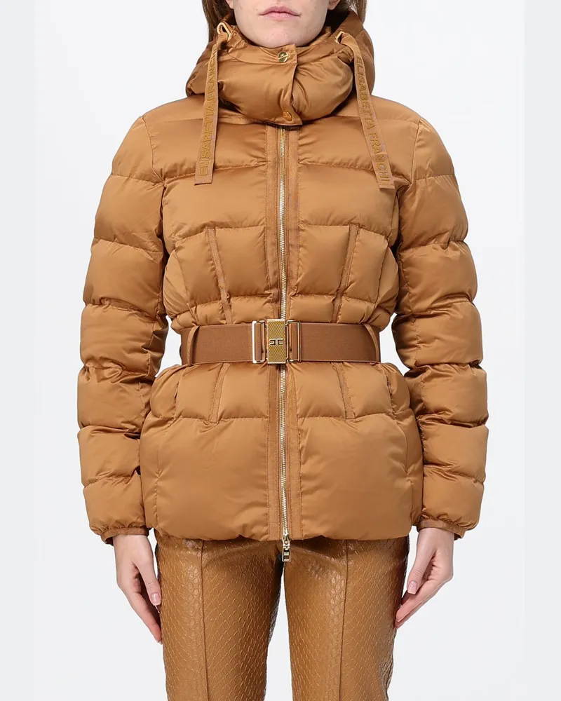 Elisabetta Franchi Kurze Stepp-Daunenjacke mit abnehmbarer Kapuze und Gürtel Braun
