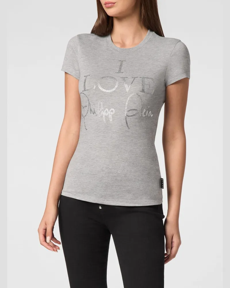 Philipp Plein Jersey-T-Shirt mit Slogan-Print und Strass-Applikationen Grau