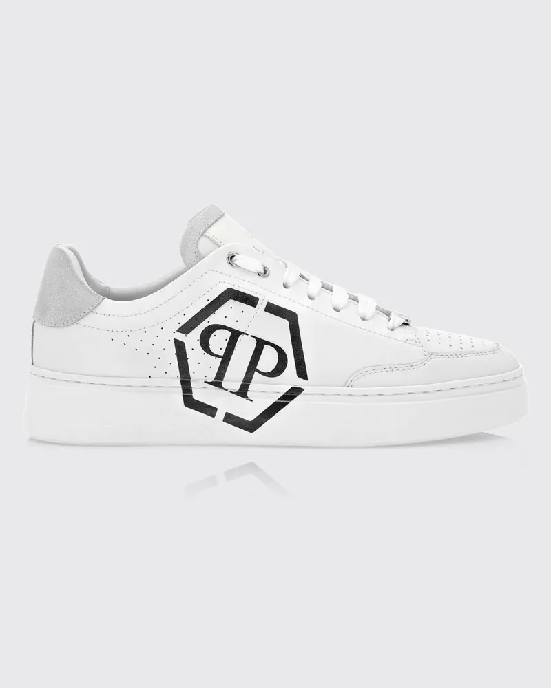 Philipp Plein Low-Top-Sneaker aus Kalbsleder mit Monogramm und Hexagon-Logo Weiß