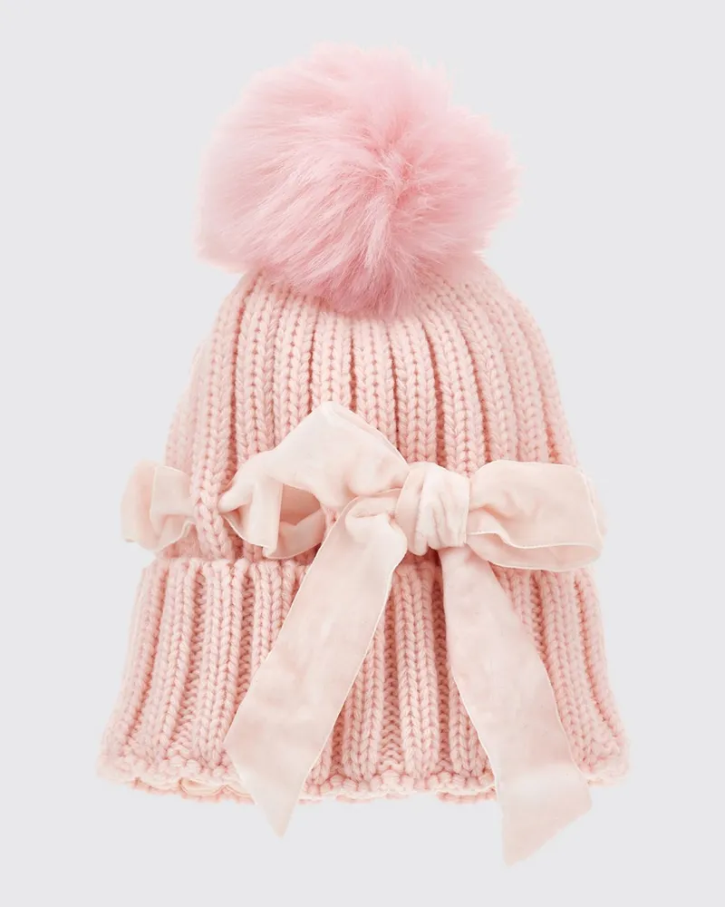 Monnalisa Mädchen-Beanie aus Wollmischung mit Teddybär-Print und Bommel Pink
