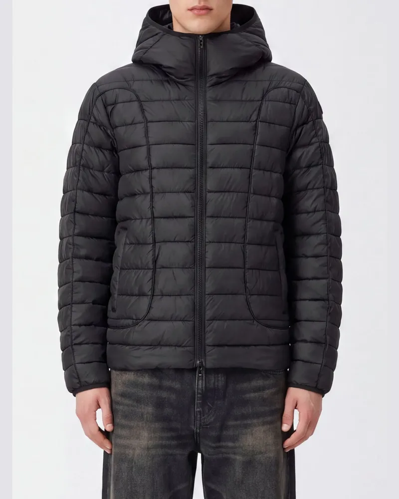 Diesel Kurze gesteppte Nylon-Daunenjacke mit Kapuze und Reißverschluss Schwarz