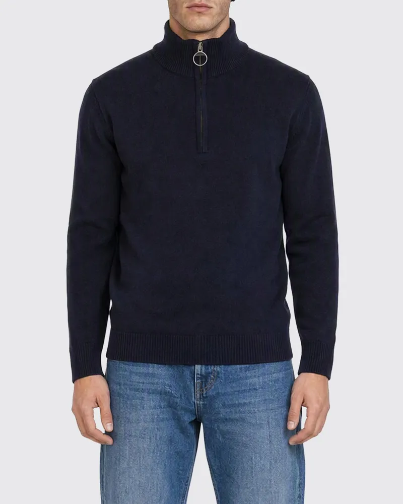 Barbour Pullover aus 100% Wolle mit Stehkragen, halbem Reißverschluss und applizierten Aufnähern Navy