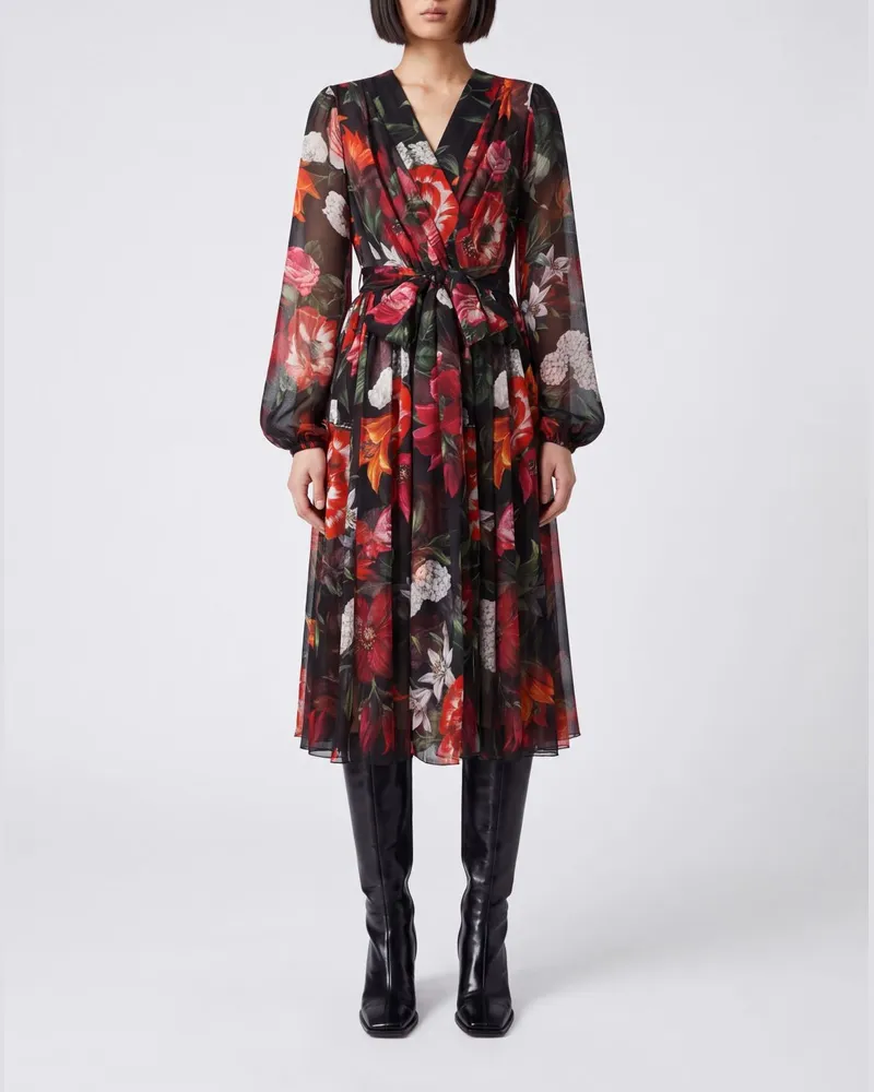 Dolce & Gabbana DOLCE  GABBANA Florales Midi-Seidenkleid von Dolce & Gabbana mit Ballonärmeln Schwarz