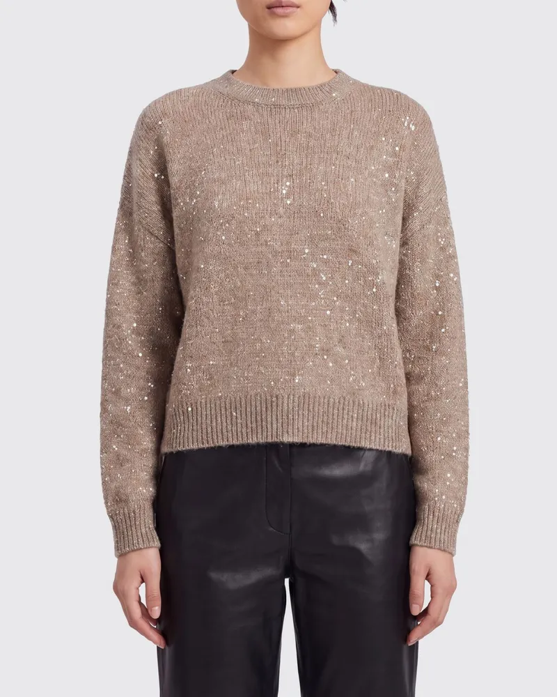 Brunello Cucinelli Pullover mit Rundhalsausschnitt aus Mohairmischung mit Pailletten Beige