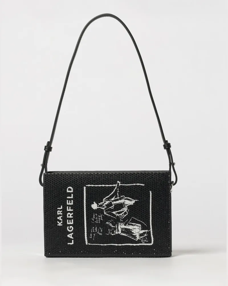 Karl Lagerfeld Schultertasche aus Polyurethan mit Strass und gedrucktem Logo Schwarz