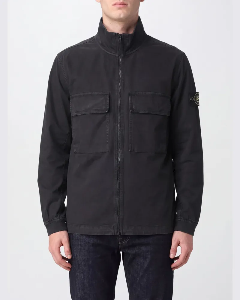 Stone Island Hemdjacke aus Bio-Baumwolle mit gesticktem Kompass-Logo Schwarz