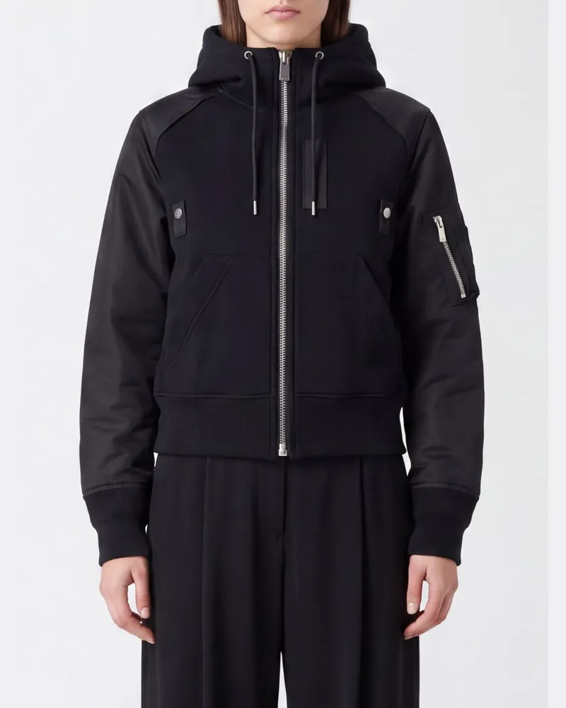 Sacai Kapuzenjacke aus Nylon und Twill mit Reißverschluss und hohem Kragen Schwarz