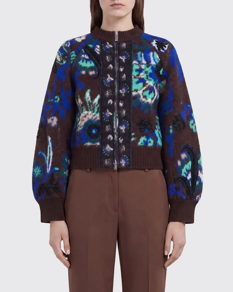 Sacai Wollbomberjacke mit Ballonärmeln und Blumenstickerei Braun