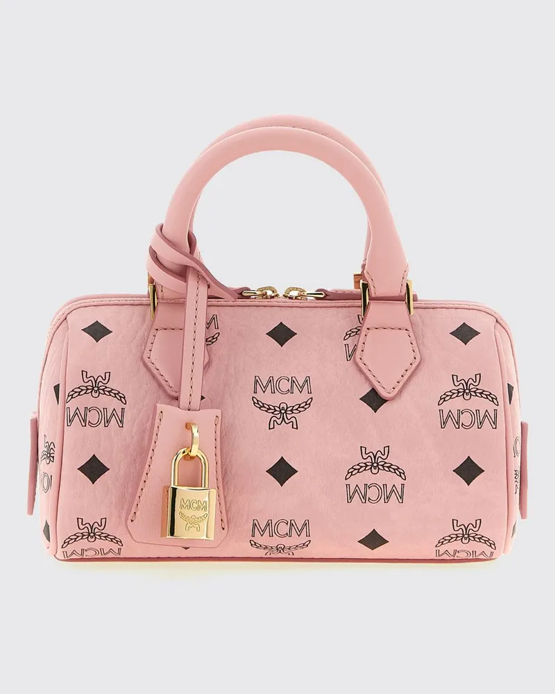 MCM Ella Mini-Boston-Tasche aus beschichteter Baumwolle mit Logo-Print, Schloss und Schlüssel Pink