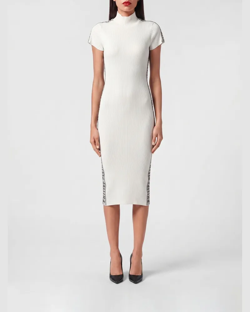 Philipp Plein Geripptes Etui-Midikleid von mit Strass-Stickerei Ivory