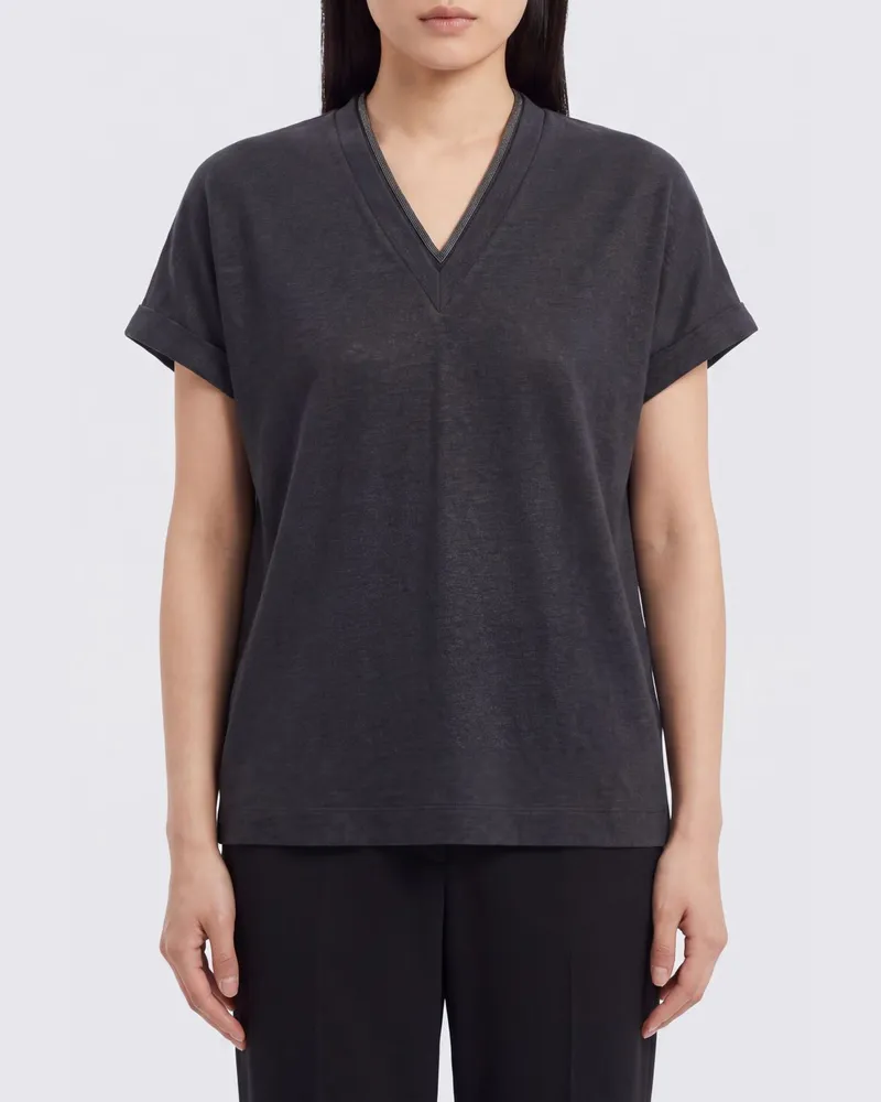 Brunello Cucinelli T-Shirt aus Baumwolle mit V-Ausschnitt und Monili-Applikation Grau