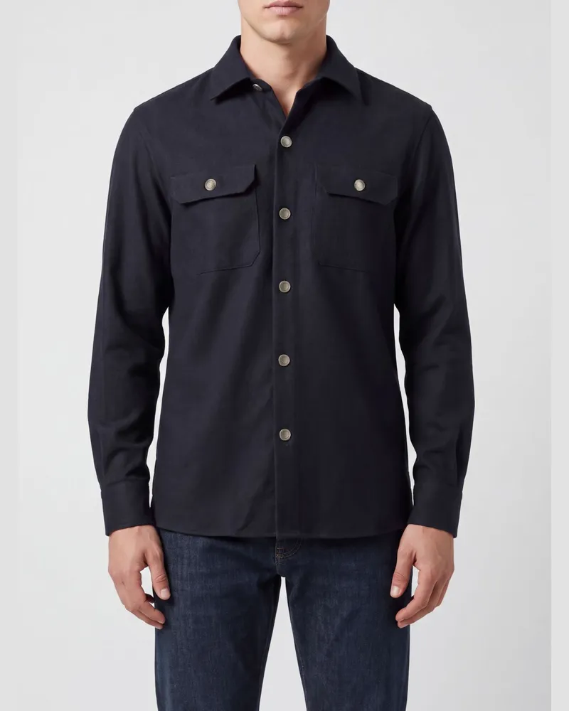 Brunello Cucinelli Hemdjacke aus Wolle mit aufgesetzten Taschen und Knopfverschluss Blau
