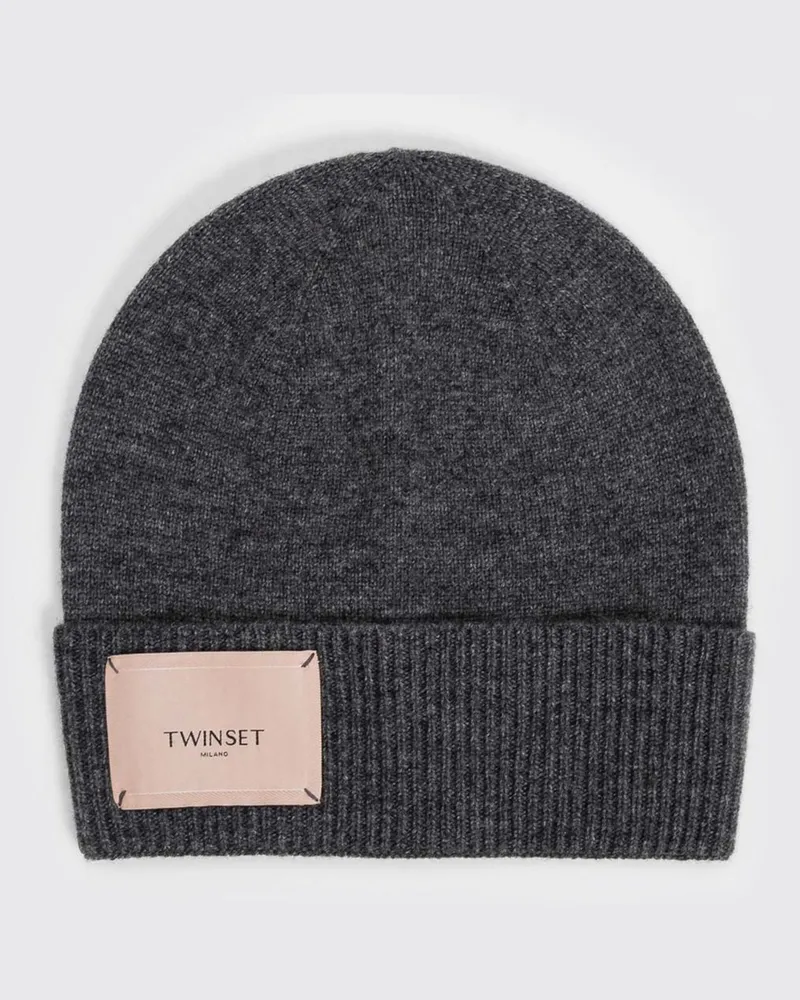 Twin-Set Beanie-Mütze aus Woll-Kaschmir-Mischung mit Umschlag Charcoal