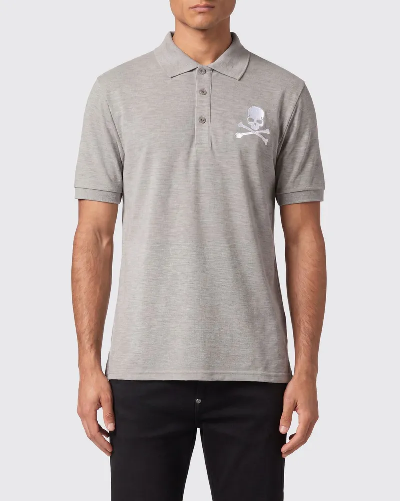 Philipp Plein Kurzärmeliges Baumwoll-Polohemd mit Skull-Print und französischem Kragen Grau