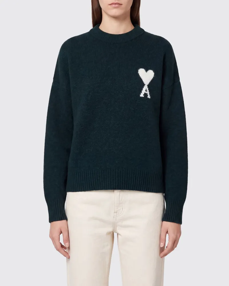 AMI Paris Pullover aus Wolle und Alpaka mit Rundhalsausschnitt und Jacquard-Logo Grün