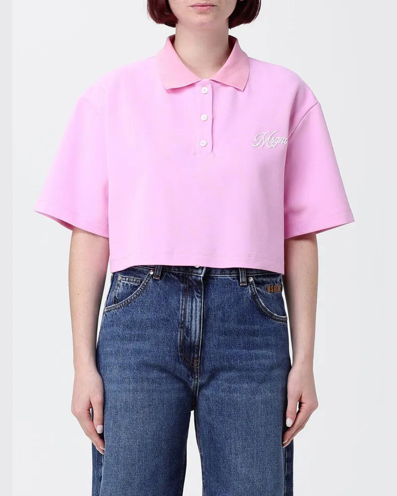 MSGM Logo Baumwoll-Crop-Polohemd Pink